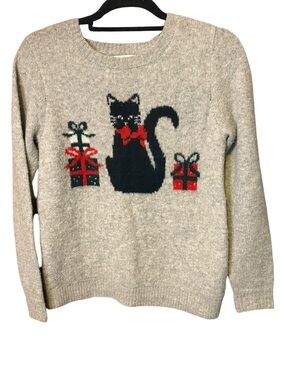 Cupcakes and Cashmere Black Cat Christmas Sweater Gray XS Holiday